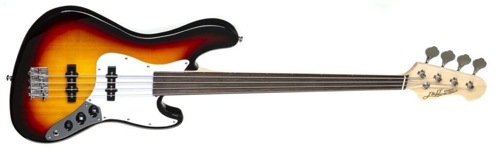 Frontansicht des J&D JB Bass Fretless 3-Tone Sunburst E-Bass.