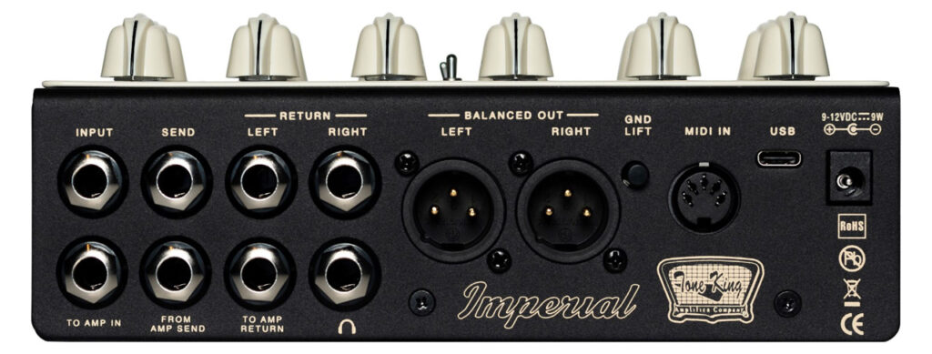Anschlüsse des Tone King Imperial Preamp-Pedals.