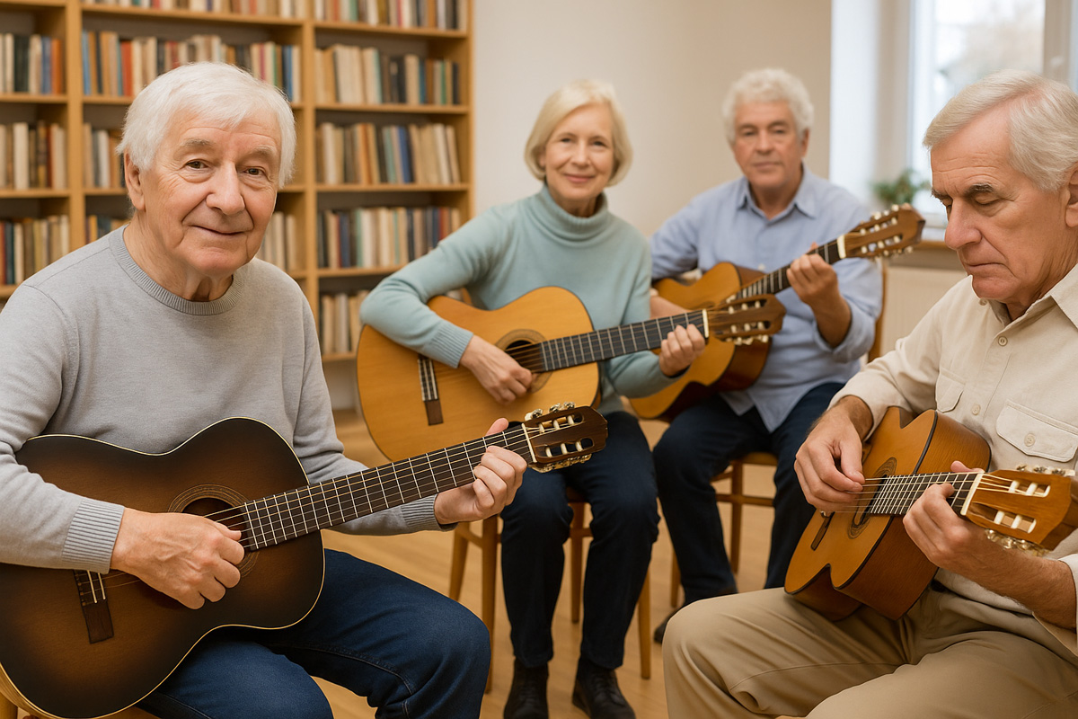 Senioren sitzen zusammen und spielen Gitarre.