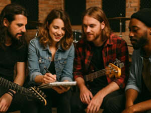 Bild einer Band beim Songwriting im Proberaum.