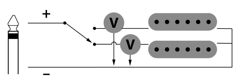 E-Gitarrenschaltung mit separaten Volume-Reglern.