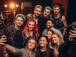 Band beim Fotoshooting mit Fans.