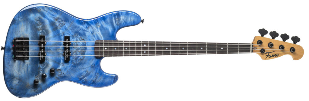 Frontbild des Fame JB Burl Top Transparent Blue E-Bass.