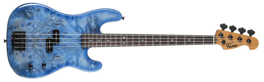 Frontbild des Fame PB Burl Top Transparent BLue E-Bass.