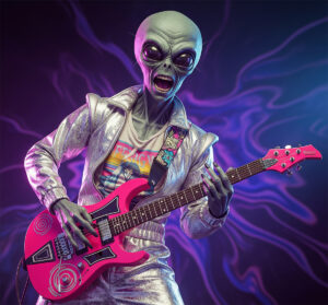 Alien mit E-Gitarre.