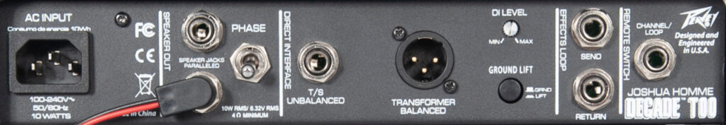 Rückseitenpanel des Peavey Josh Homme Decade Too Combo zur Ansicht der Regler