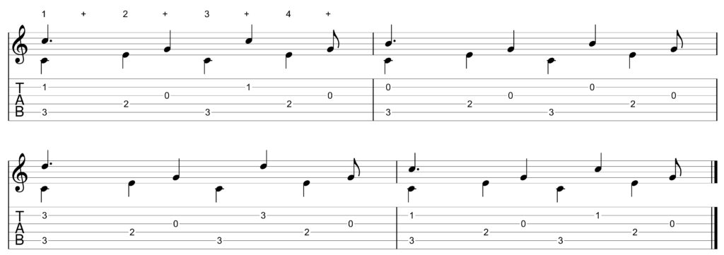 Viertaktiges Notenbeispiel aus Dust in the Wind von Kansas.