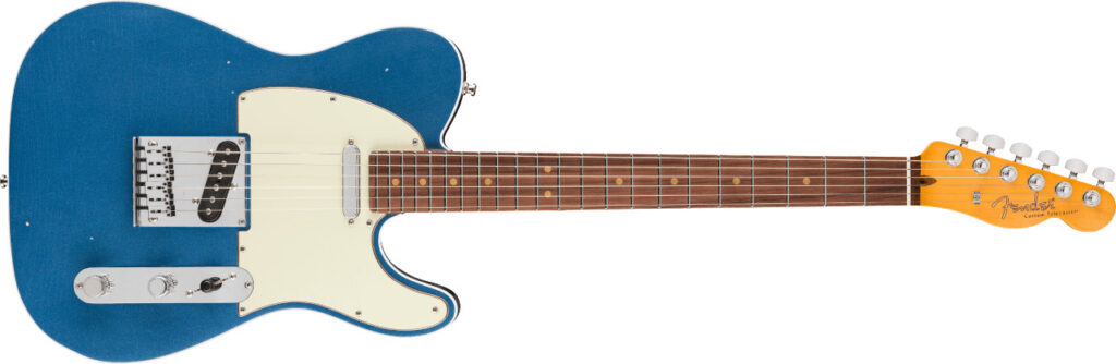 Produktbild der Fender American Ultra Luxe Vintage 60s Custom Telecaster RW Lake Placid Blue E-Gitarre von vorne.