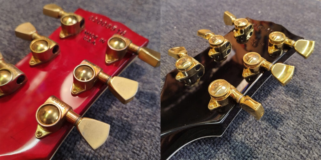 Kopfplatten zweier Gibson Les Paul SUpreme E_Gitarren im Vergleich.