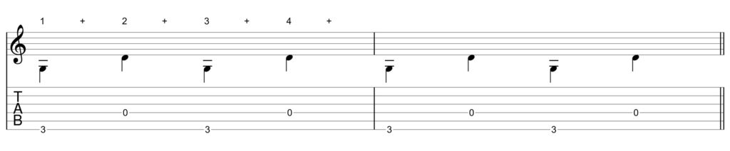 Beispielübung für ein Travis-Picking in G-Dur.