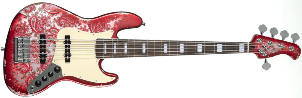 Custom JB 5 Worn Candy Apple Red over Pink Paisley Bass Custom JB 5 Worn Candy Apple Red over Pink Paisley Produktbild