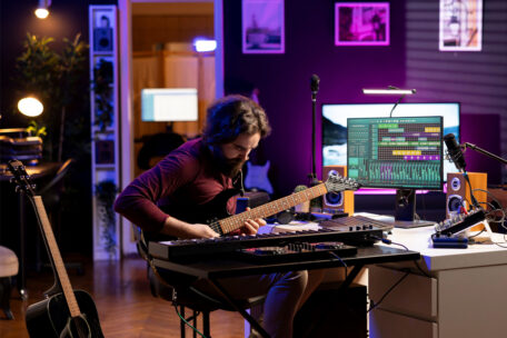 E-Gitarrist im Home Recording Studio.