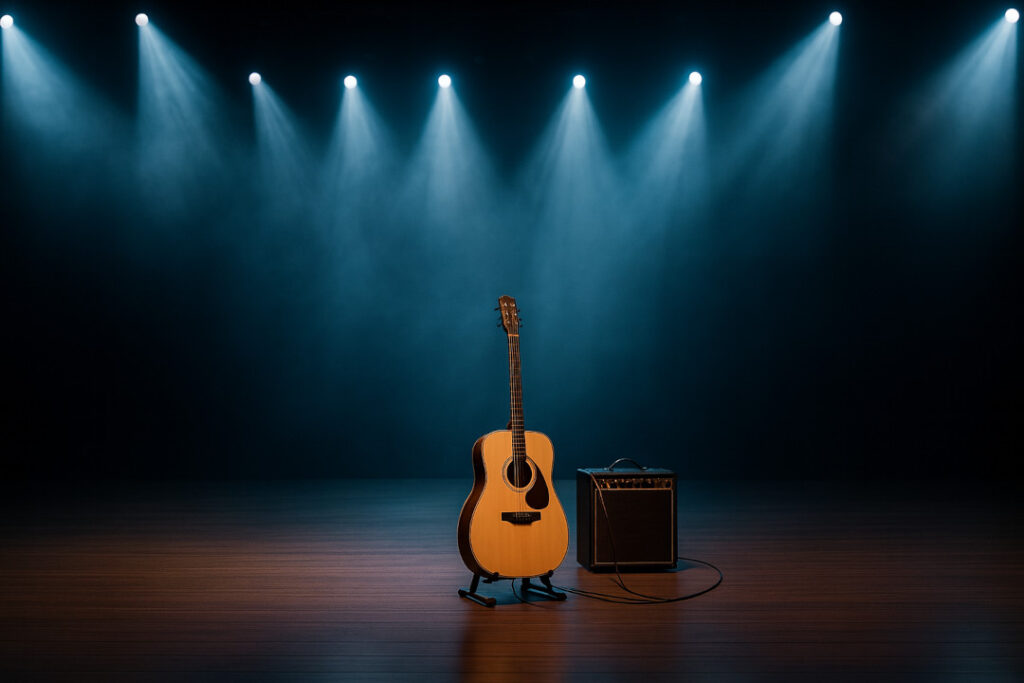 Gitarre mit Verstärker auf Bühne