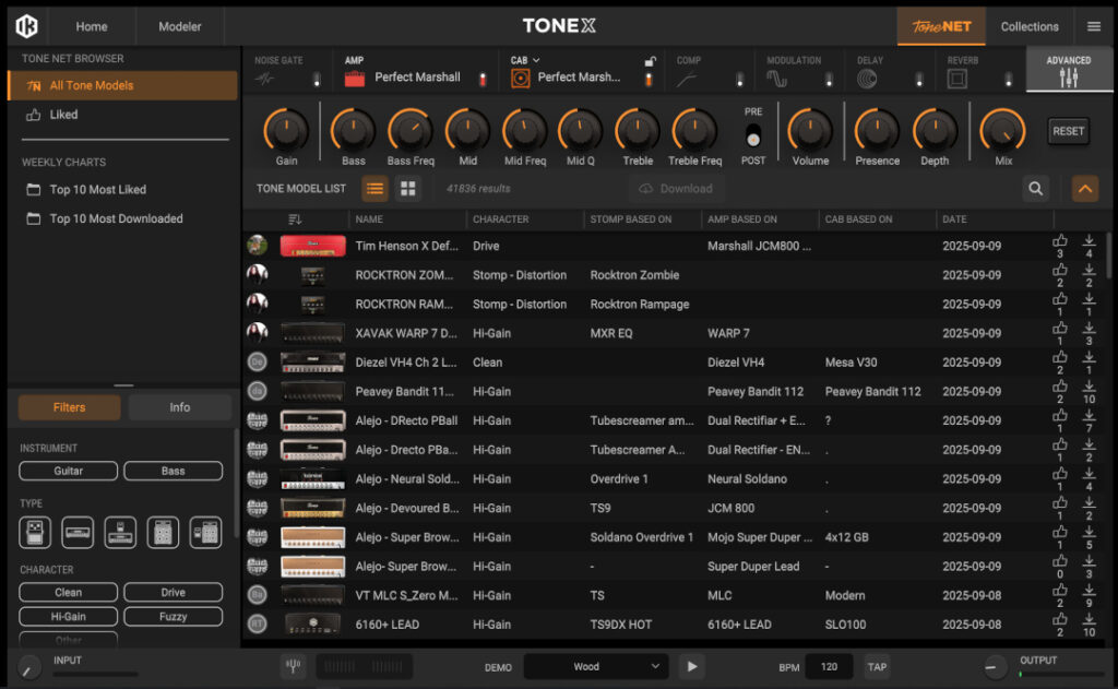 ToneX Software ToneNET Screenshot mit Übersichtsliste an Verstärkermodellen.