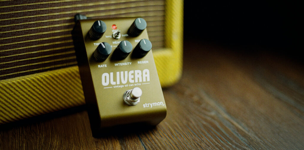 Strymon Olivera Vintage Oil Can Echo Lifestyle Foto mit Tweed Amp