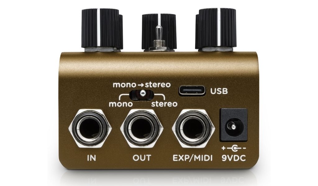 Anschlusssektion des Strymon Olivera: Stereo-In/Out, EXP/MIDI, USB-C und 9V-Netzteil – kompakt, flexibel und ideal für moderne Setups.