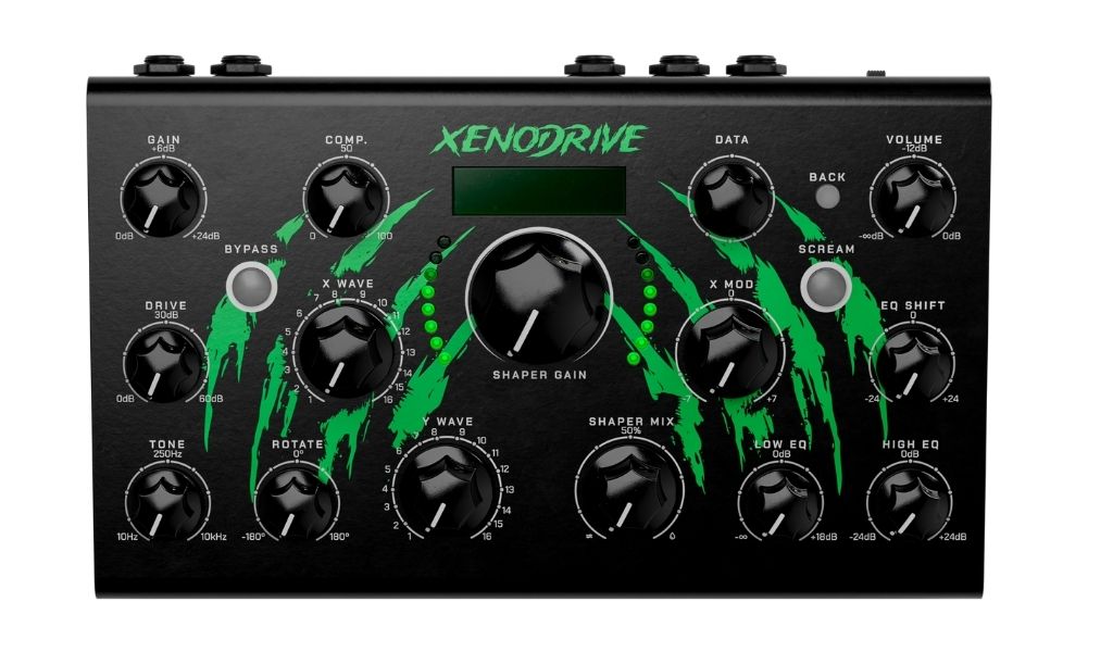 Die Bedienoberfläche des Xenodrive zeigt klar, wohin die Reise geht: viele direkt zugängliche Parameter, zentraler Waveshaper und eine auf Performance ausgelegte Struktur statt klassischer Pedal-Minimalistik.