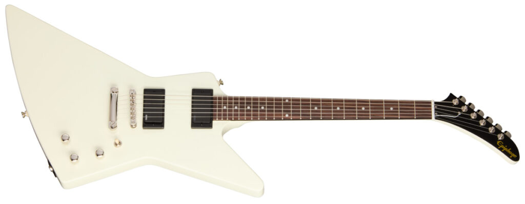Frontansicht der Epiphone Explorer 80s EMG Classic White E-Gitarre.