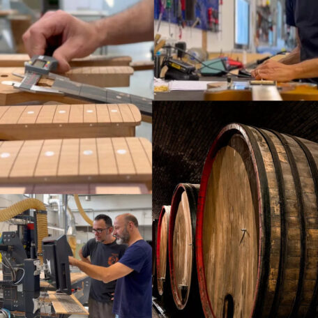 Paoletti Guitars Weinfässer und Werkstatt Paoletti Guitars Darstellung von Weihnfässern und Handfertigung der Instrumente.