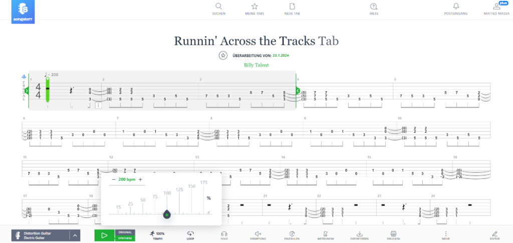 Songsterr Oberfläche mit Tabulatorsystem und Schaltflächen.