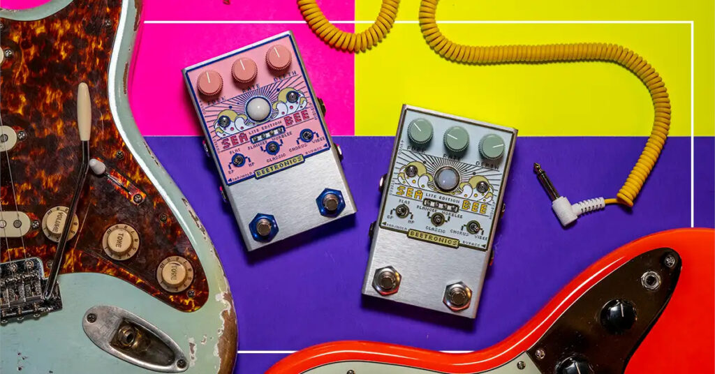 Beetronics Lifestyle Bild mit Seabee Lite Effektpedal, E-Gitarre und Kabel