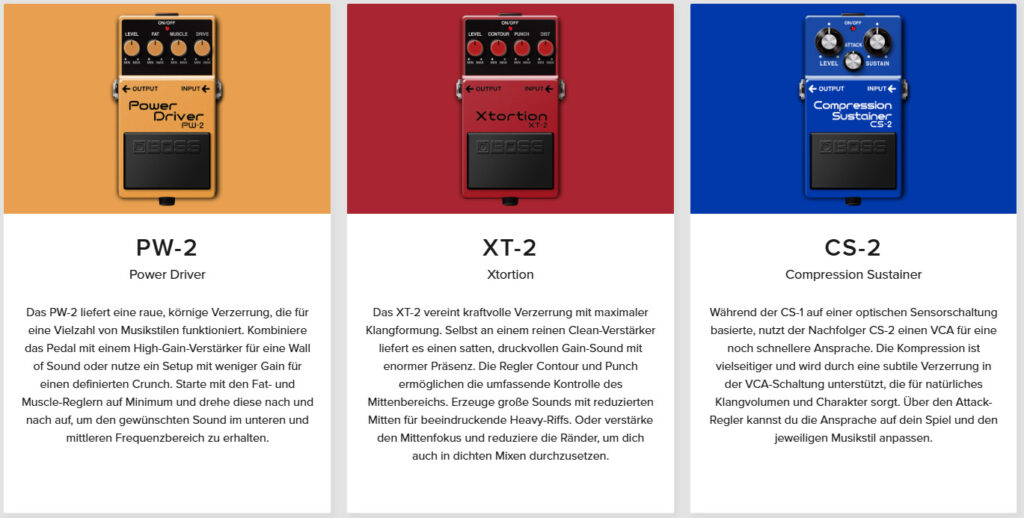 Übersicht neuer Boss Effekte im Boss Effects Plugin: PW-2 Power Driver, XT-2 Xtortion & CS-2 Compression Sustainer