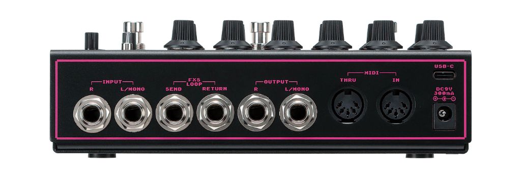 Das Ibanez LD303 bietet Stereo-Ein- und -Ausgänge, einen Wet-FX-Loop sowie MIDI In/Thru, USB-C und einen 9-Volt-Netzteilanschluss.
