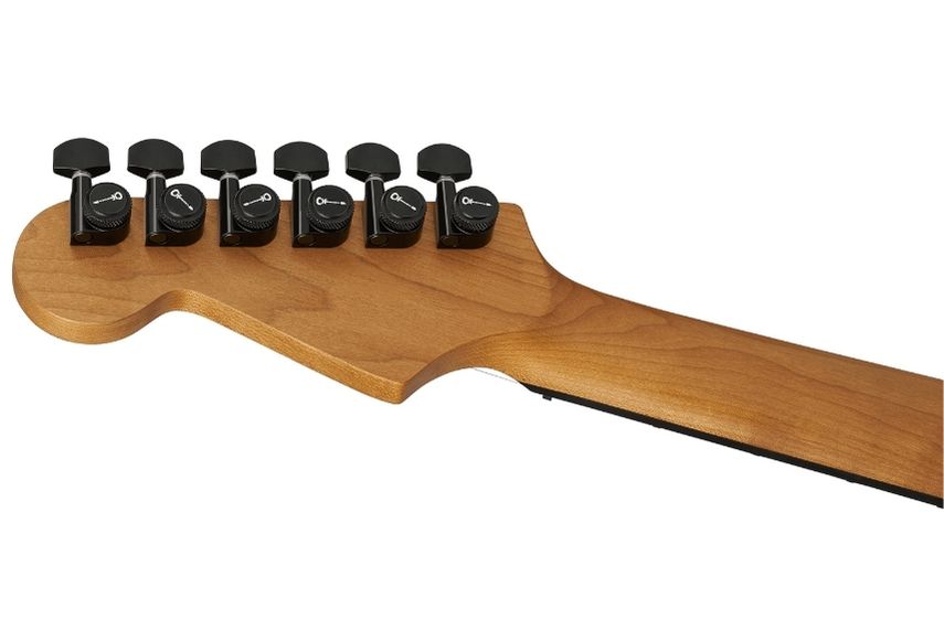 Der karamellisierte Ahornhals der Charvel besitzt das schlanke Speed-Neck-Profil; sechs Charvel-Druckgussmechaniken übernehmen die Stimmung.