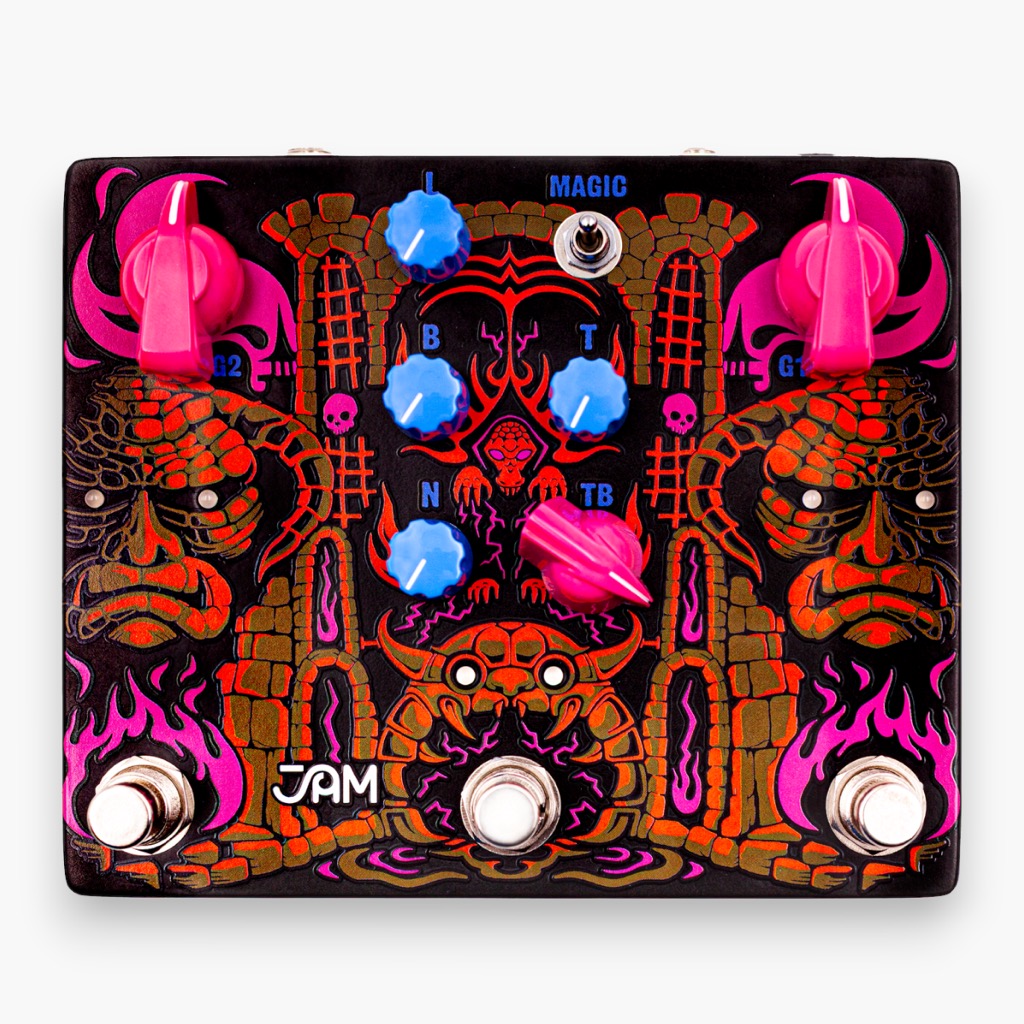 Der JAM Pedals Tiny Amp Destroyer kombiniert zwei Gain-Stufen mit Treble Booster sowie Reglern für Bass, Treble, Notch und Level. Der Magic-Schalter verstärkt den charakteristisch überforderten Mini-Amp-Sound.
