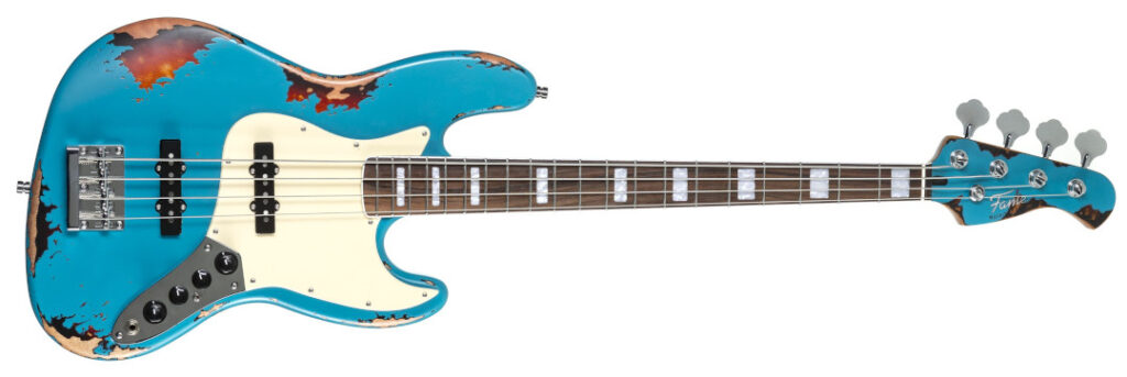 Fame Custom JB 4 Worn Sonic Blue over 3-Tone Sunburst Fame Custom JB 4 Worn Sonic Blue over 3-Tone Sunburst